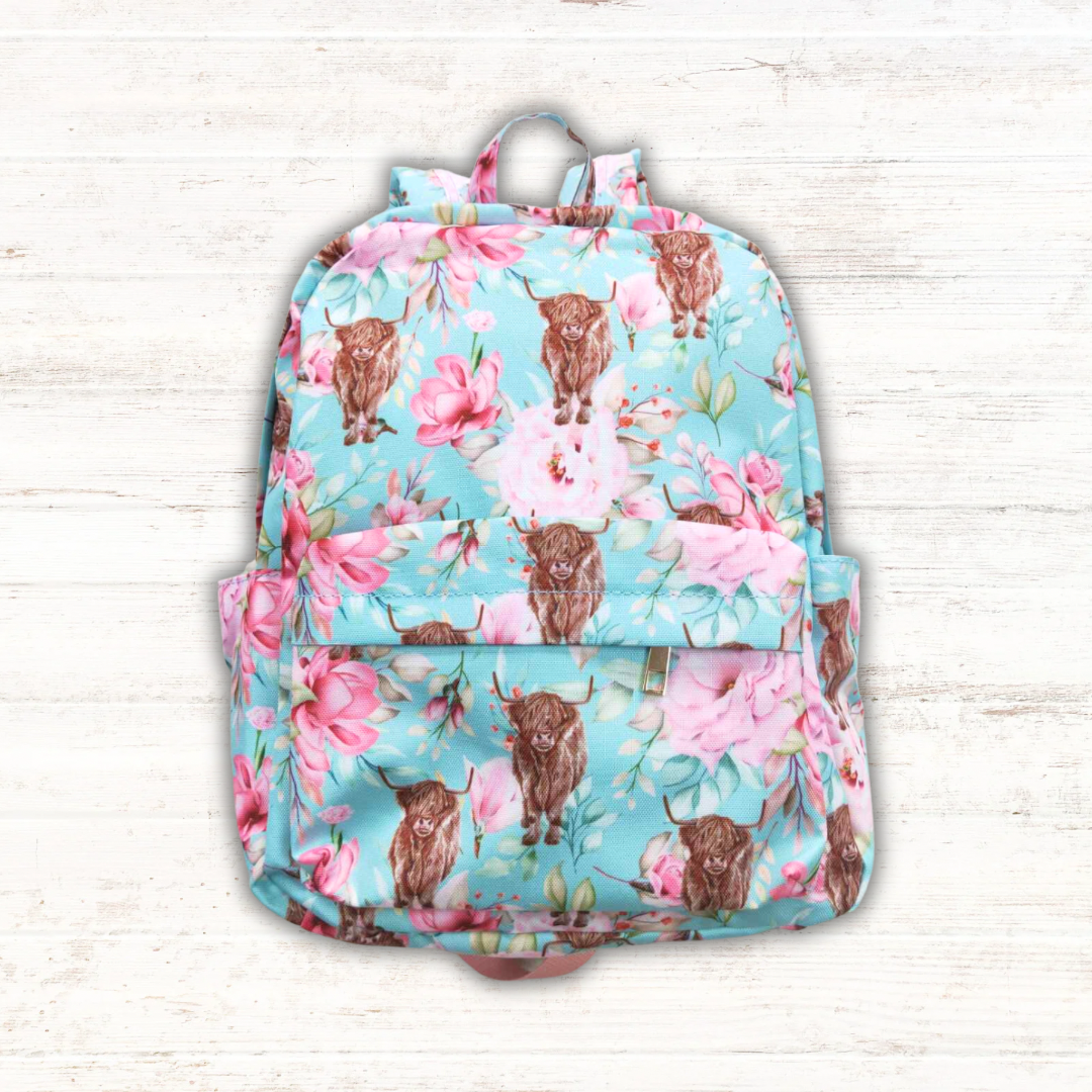 Highland Cows Blue Floral Back Pack