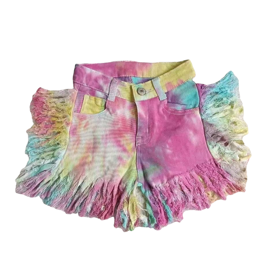 Tye Dye Fringe Denim Shorts