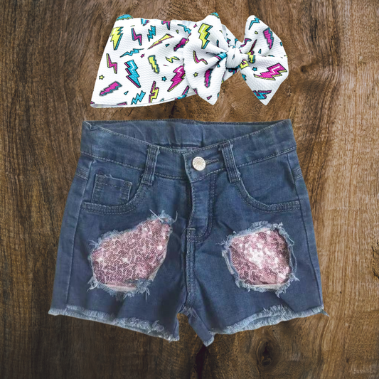 Pink Sequin Denim Shorts