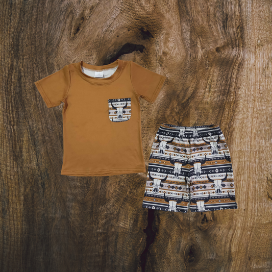 Brown Cow Skull Pocket Short Set